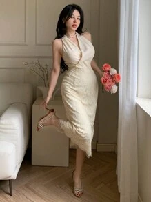 DAZY Vestido de cóctel de longitud media con cuello halter, sin mangas, escote en V, efecto twist y parches de encaje para mujer, vestido elegante y formal para eventos