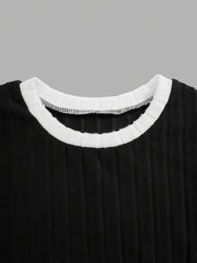 Hanevo 2pcs/Set Tween Girl Casual Contrast Color Round Neck Top And Pants Set - Black - View 5