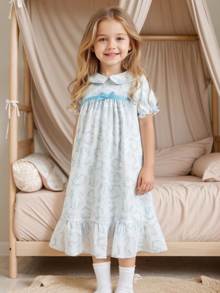 Girls Light Blue Floral Print Ribbon Bow Ruffle Hem Lapel Collar Long Nightgown Pajamas - Baby Blue - View 1