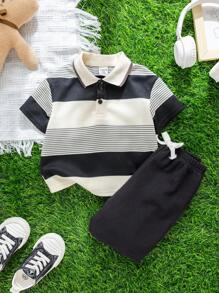 SHEIN Leap Crew 2 件套男童/女童休闲条纹 Polo 衫和黑色短裤套装，适合春夏季 - 黑與白 - 查看 6