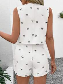 SHEIN LUNE Bộ 2 áo vest trắng in hình bướm ngày lễ tình nhân lãng mạn cho nữ và quần short, mùa xuân - trắng - Xem 3