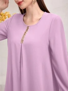 SHEIN Najma 2pcs Women Solid Color Lantern Sleeve Long Top And Pants Set - Dusty Pink - View 5