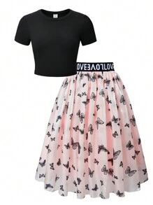 2 件春夏女童罗纹针织短袖上衣搭配闪亮蝴蝶面料半身裙套装，适合日常通勤、与朋友聚会、休闲外出、度假、夏季、旅行 - 黑色 - 查看 3