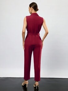 Aveloria Modichic Lapel Neck Belted Vest Blazer & Pants  - Red - View 2