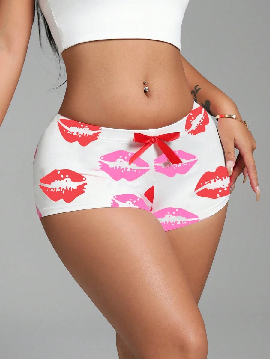 Zolique Casual Sports Vacation Valentine's Day Sexy Red Lips Print And Bow Design Women's Mini Shorts