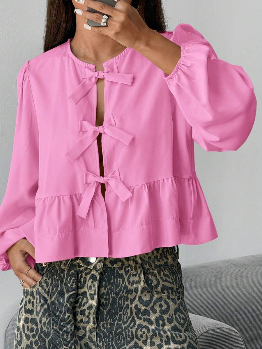 SHEIN EZwear 女士粉色编织灯笼袖蝴蝶结前襟衬衫