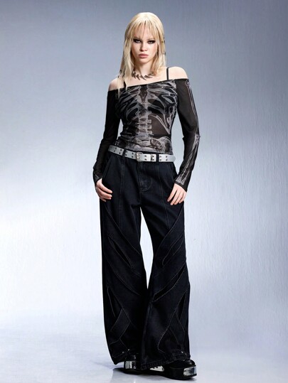 Grunge Punk Sexy Off Shoulder Skeleton Print Sheer Mesh Top