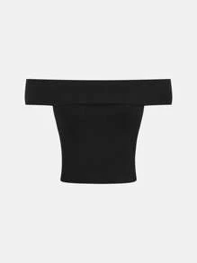 SHEIN Teen Girls 2pcs Set: Off Shoulder Simple Fitted T-Shirt & Olive Green Loose Cargo Pants, Outfit - Army Green - View 4