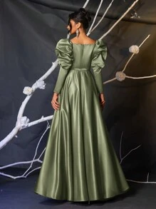 Glamrae Robe de soirée longue élégante en satin à manches ballons, col V en maille, corsage baleines, taille haute évasée. Robe d'invitée de mariage avec fente haute sur le côté, robe de soirée - Vert - Voir 3