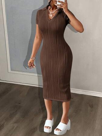 Slaydiva Summer Casual Elegant Simple Basic Model New Lapel V-Neck Short-Sleeved Slim Long Skirt White Wavy Knitted Fabric Women's Dress