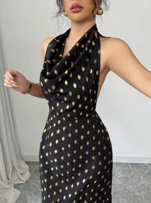 Chiquease Elegant Form-Fitting Draped Neck Tie Backless Hollow Out Side Invisible Zipper A-Line Woven Foil Polka Dot Dress For Women, Spring/Summer