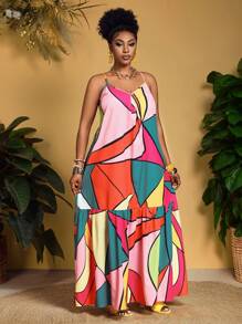 Slaydiva Plus Size Women Sleeveless Loose Dress With Bright Geometric Abstract Print,Beach Dress Sundress,Holiday Outfits Boho - Multicolor - View 3