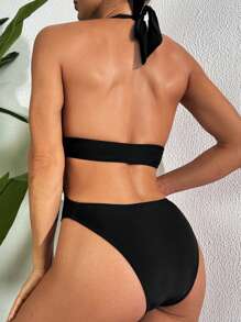 1pc Women's Solid Color Backless Halter One-Piece Swimsuit For Holiday & Beach Summer - Black - View 2