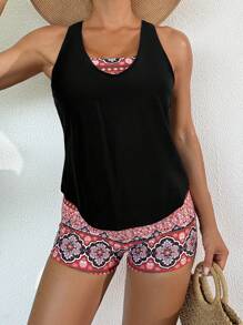 Swim Lushoire Sommar Dam Paisley Print Byst Stöd Spaghetti Strap Tankini 3-delad Set, Vacation Casual - Multifärgad - Visa 6