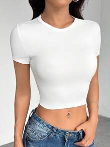 SHEIN PETITE Conjunto de 4 camisetas de mujer de manga corta, de cuello redondo, ajustadas, adecuadas para el verano, en color negro, blanco y gris con estampado floral