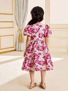 Vestido mini de cuello redondo con mangas abullonadas y estampado floral para niña joven