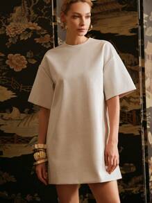 Anewsta Elaire Round Neck And Sleeves Elegant Texture Urban Mid-Length Dress Old Money - Apricot - View 5