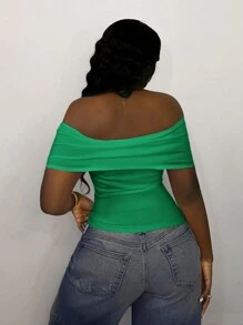 Slaydiva New Green Foldover Off Shoulder Fitted Blouse Top, Summer - Green - View 2