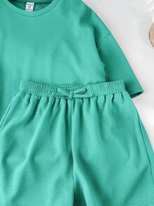 SHEIN LMoss Kids LMoss Tween 女童纯色针织圆领宽松短袖 T 恤和短裤休闲装 - 薄荷藍 - 查看 6