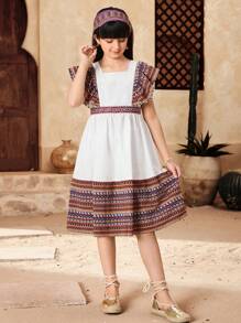 SHEIN Tween Girls Vacation Cap Sleeve Patchwork Retro Print A-Line Dress - Multicolor - View 4