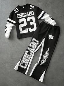 Coolane Kids Conjunto de dos piezas de suéter de manga larga estilo hip-hop con bloques de color negro y blanco y pantalón ancho de chándal, para niños preadolescentes en primavera/verano