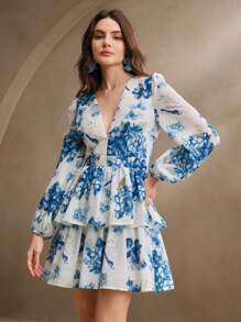 Anewsta Women's Deep V-Neck Puff Sleeve Ruffle Trim Vacation Mini Dress - Blue - View 6