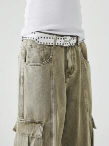 Manfinity EMRG Jeans cargo denim ample avec imprimé flamme délavé pour hommes