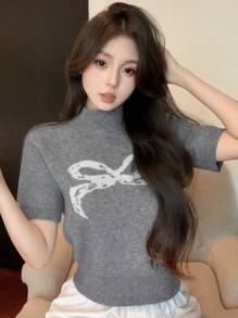 DAZY 蝴蝶结细节提花情人节泡泡袖可爱短袖女毛衣 - 灰色 - 查看 8