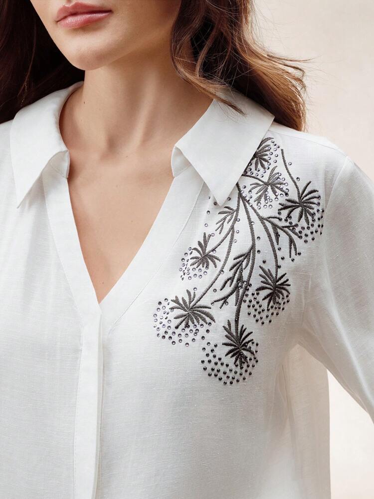 Women Embroidery & Rhinestone Decor V-Collar Blouse, Long Sleeve, Modest Spring