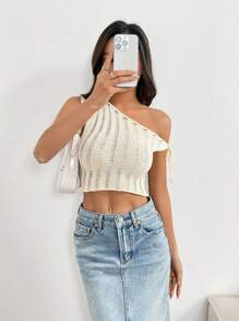 SHEIN Unity Fashion Casual Versatile Apricot Tie Strap Hollow Out Fitted Knit Sweater Top For Women, Spring - Apricot - View 5