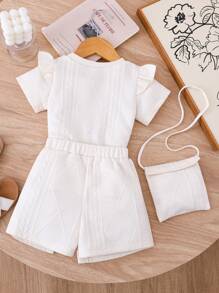 3pcs/Set Baby Girls Cute Off-White Textured Button&Ruffle Trim Round Neck Short Sleeve Top,Shorts&Diagonal Sling Bag Outfit,Summer Family Matching - Apricot - View 2