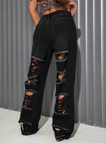 SHEIN SXY Jeans de cintura media, pierna recta, estilo casual y sexy con efecto desgastado para mujeres - Negro - Ver 5
