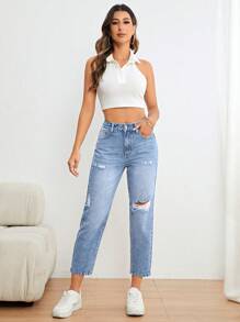 SHEIN Essnce Casual Washed Distressed Tapered Leg Jeans