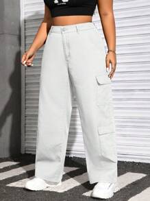 Solflare Quần Jeans Cargo Màu Trơn Đa Năng Thường Ngày Cỡ Lớn - trắng - Xem 3