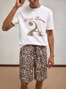 AKNOTIC Party 2pcs/Set Knitted Print Loose Casual Round Neck Short Sleeve T-Shirt & Mid-Waist Straight Leg Casual Shorts Set, Suitable For Daily Wear In Summer