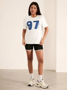 SHEIN Unity Women's Casual Number Embroidery Short Sleeve Cropped Round Neck T-Shirt - White - View 3
