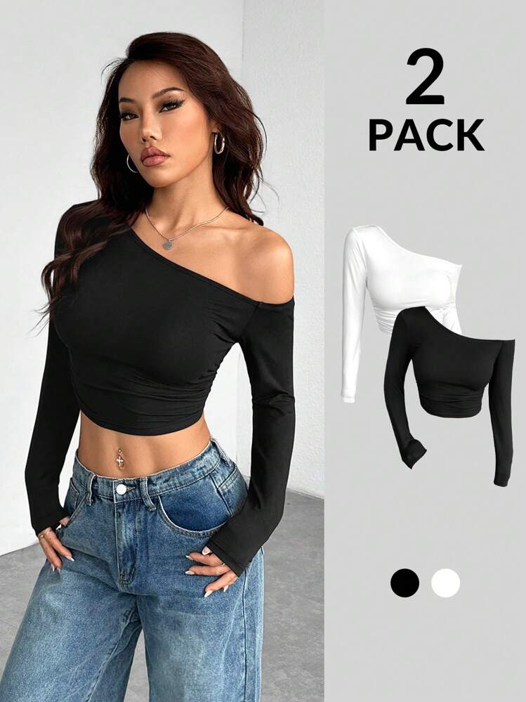 SHEIN PETITE Women's Basic Daily Wear Essential Knitted Stretch Comfortable Asymmetrical Sloping Neckline Long-Sleeved Top Black And White Two-Piece - Black and White - View 1