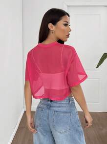 SHEIN EZwear Fuchsia Pink Mesh Relaxed Fit Round Neck Short Sleeve Casual Top For Women - Hot Pink - View 2