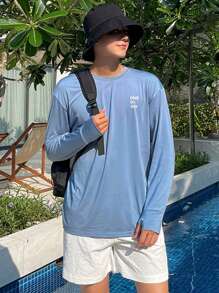 DAZY Men's Letter Print Long Sleeve T-Shirt, Blue, Spring/Summer - Blue - View 5