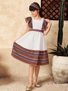 SHEIN Tween Girls Vacation Cap Sleeve Patchwork Retro Print A-Line Dress - Multicolor - View 5