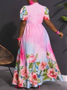 Slaydiva Plus Size Women's V-Neck Twist Knot Puff Sleeve Tie Belt Floral Print A-Line Dress, Vacation & Romantic & Formal & Elegant, Spring/Summer,Beach Dress Sundress,Holiday Outfits Boho - Multicolor - View 3