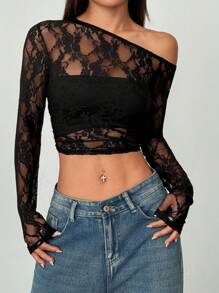 StreetHx Black Floral Lace See-Through Asymmetrical Ruched Tight Fitted Long Sleeve Crop Top, Fashionable Minimalist Elegant Sexy For Dates, Gatherings, Parties, Festivals, Spring/Summer Women