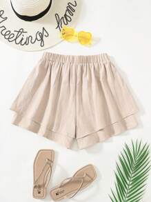 SHEIN Teen Girl Khaki Ruffle Hem Bowknot Solid Shorts - Apricot - View 2