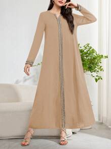 Al Najma Women's Casual Arabic Style Patchwork Ribbons Long Sleeve Dress,Modest - Khaki - View 6