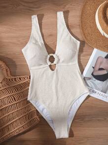 SHEIN Swim 女式 V 领纹理面料沙滩装带环饰，休闲度假连体泳衣，适合夏季