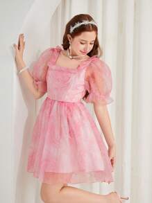 SHEIN Teen Girl Pink Square Neckline Rose Floral Print Puff Sleeve Organza Princess Dress - Pink - View 3