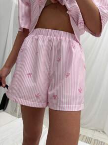 Aloruh 2pcs Set Sweet Butterfly Print Striped Comfortable Shorts Shirt Suit For Indoor & Outdoor Wear, Early Spring - Pink - View 7