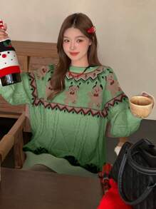 DAZY Women's Round Neck Casual Loose Cartoon Sweater,Fall Women Clothes Christmas,New Year
