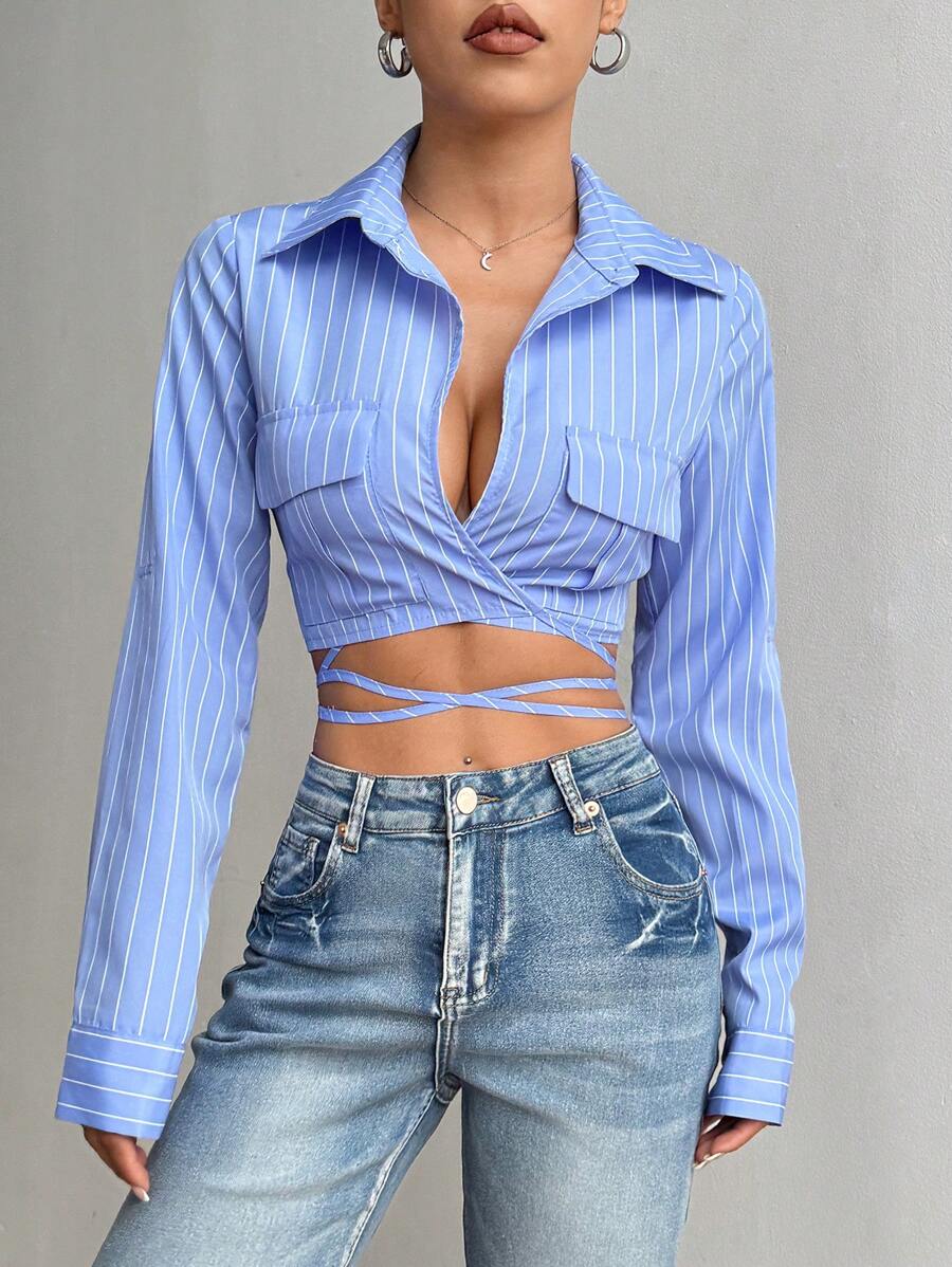 Flirla Women's Tie Up Crop Shirt, Casual Minimalist Style For Everyday Wear