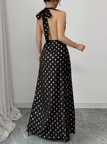 Chiquease Elegant Form-Fitting Draped Neck Tie Backless Hollow Out Side Invisible Zipper A-Line Woven Foil Polka Dot Dress For Women, Spring/Summer